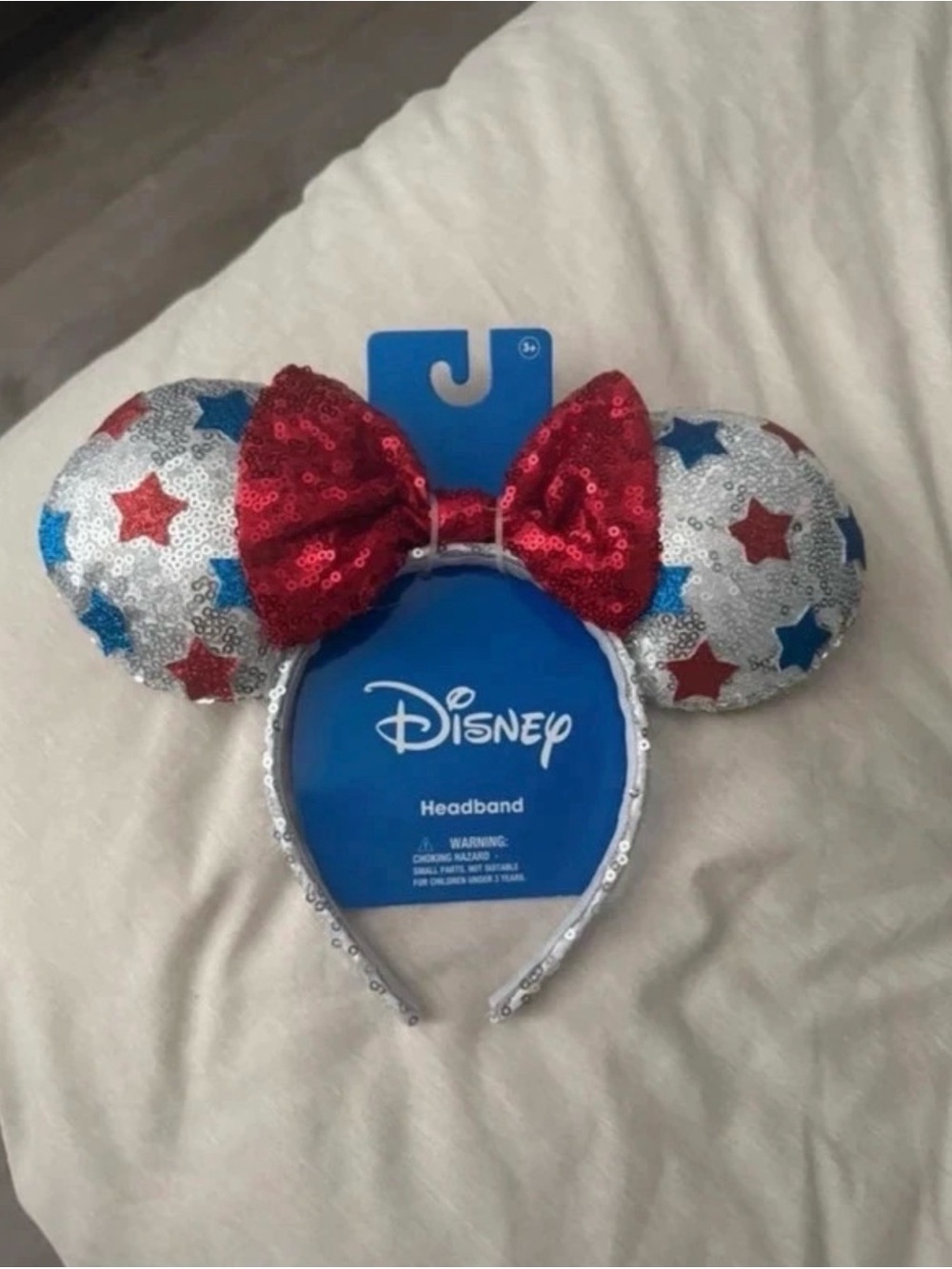 Disney Red Bow Sequin Minnie Ear Headband with Silver, Blue, Red Stars